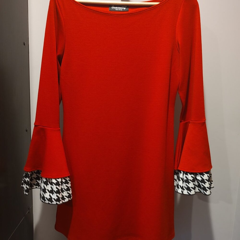 Red Dress, flared sleeves, black gingham, party dress by Basically, made in USA - Picture 2 of 8
